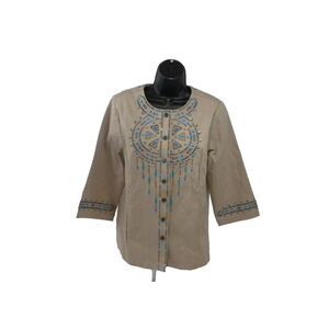 Bob Mackie Jacket S Beige‎ Embroidered Dreamcatcher Wearable Art Button Blazer